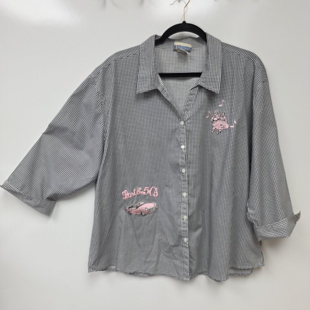 Las Olas Shirt Womens 1X Black Check Button 50s Rock Car Dancers Embroidered Top
